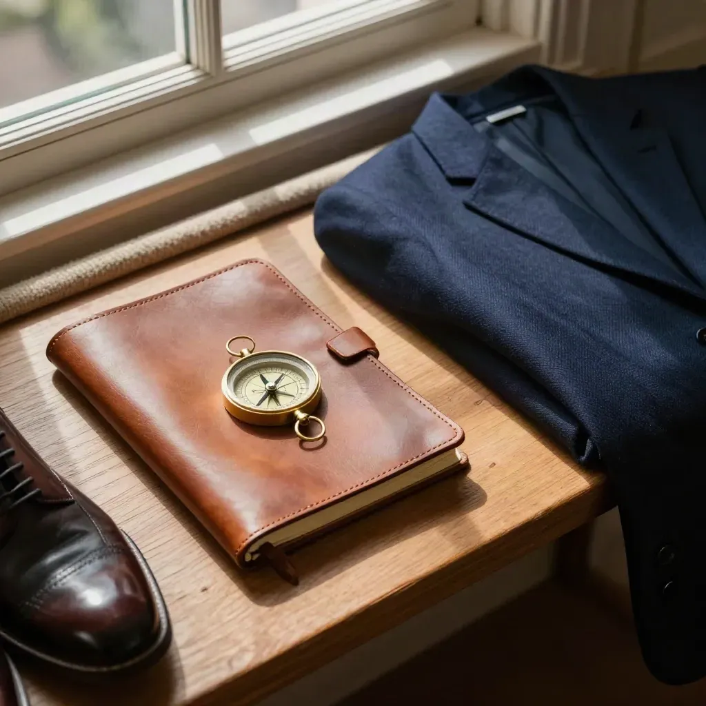 Loopbaancoachingkit met leren journal, kompas, nette schoenen en blazer in warm vensterlicht