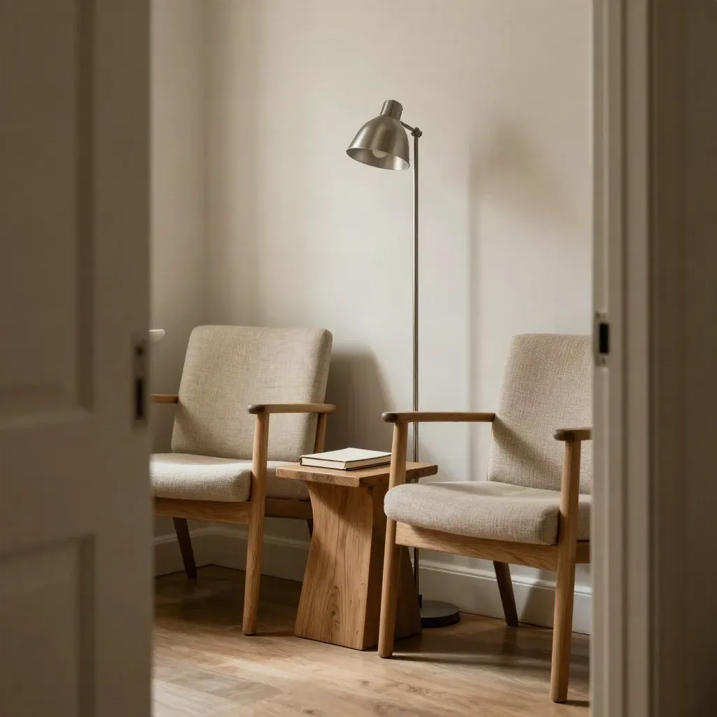 Stille oriëntatiehoek met twee lege stoelen, vloerlamp en gesloten notitieboek in zacht daglicht.