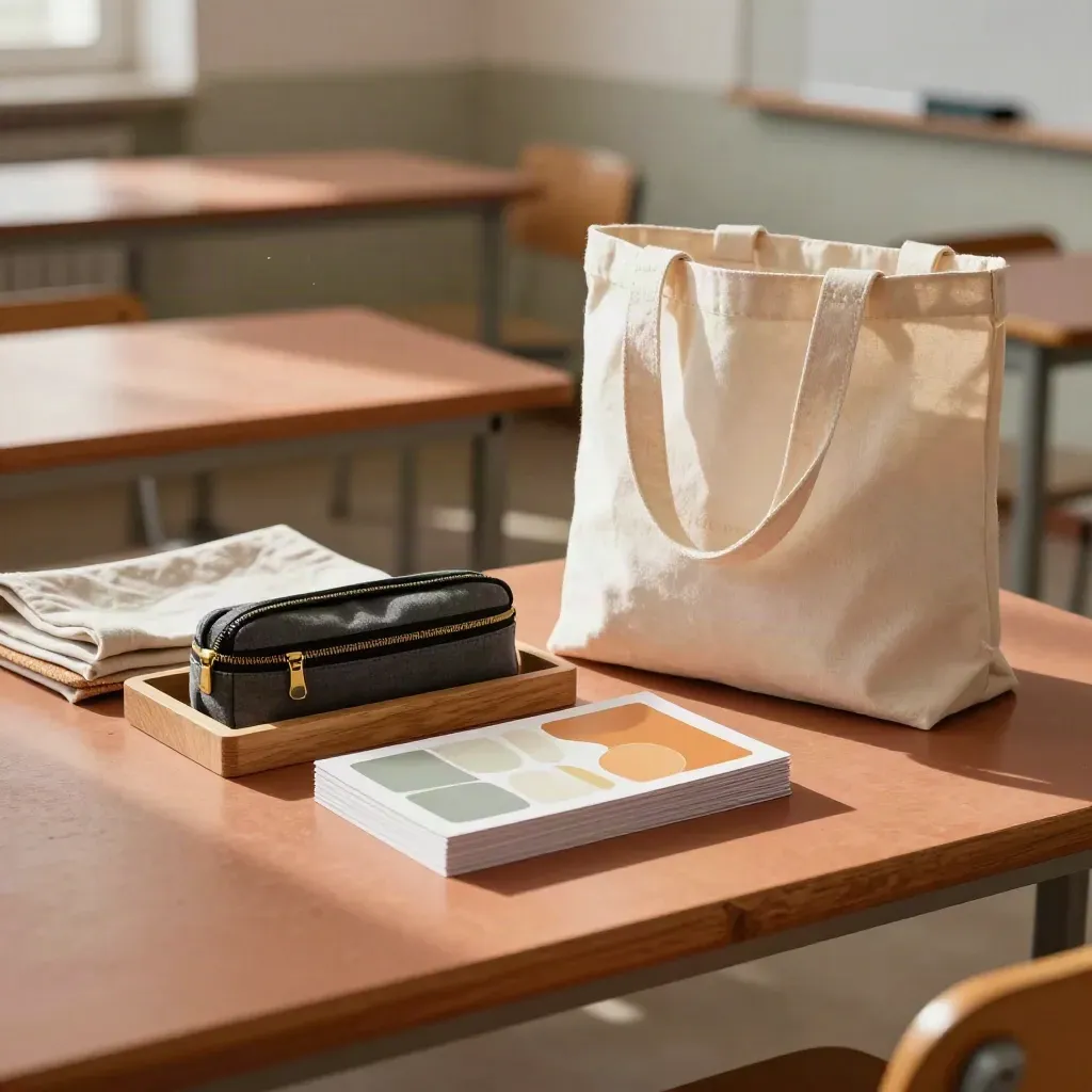 Workshopkit met kleurkaarten, stiften en een tote in warm daglicht op terracotta.