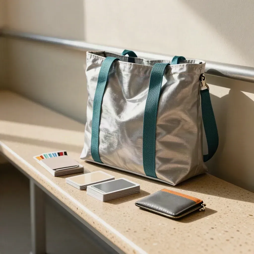 Tas met workshopkaarten en kleurtabs op een lichte schoolgang, klaar voor mee naar huis.