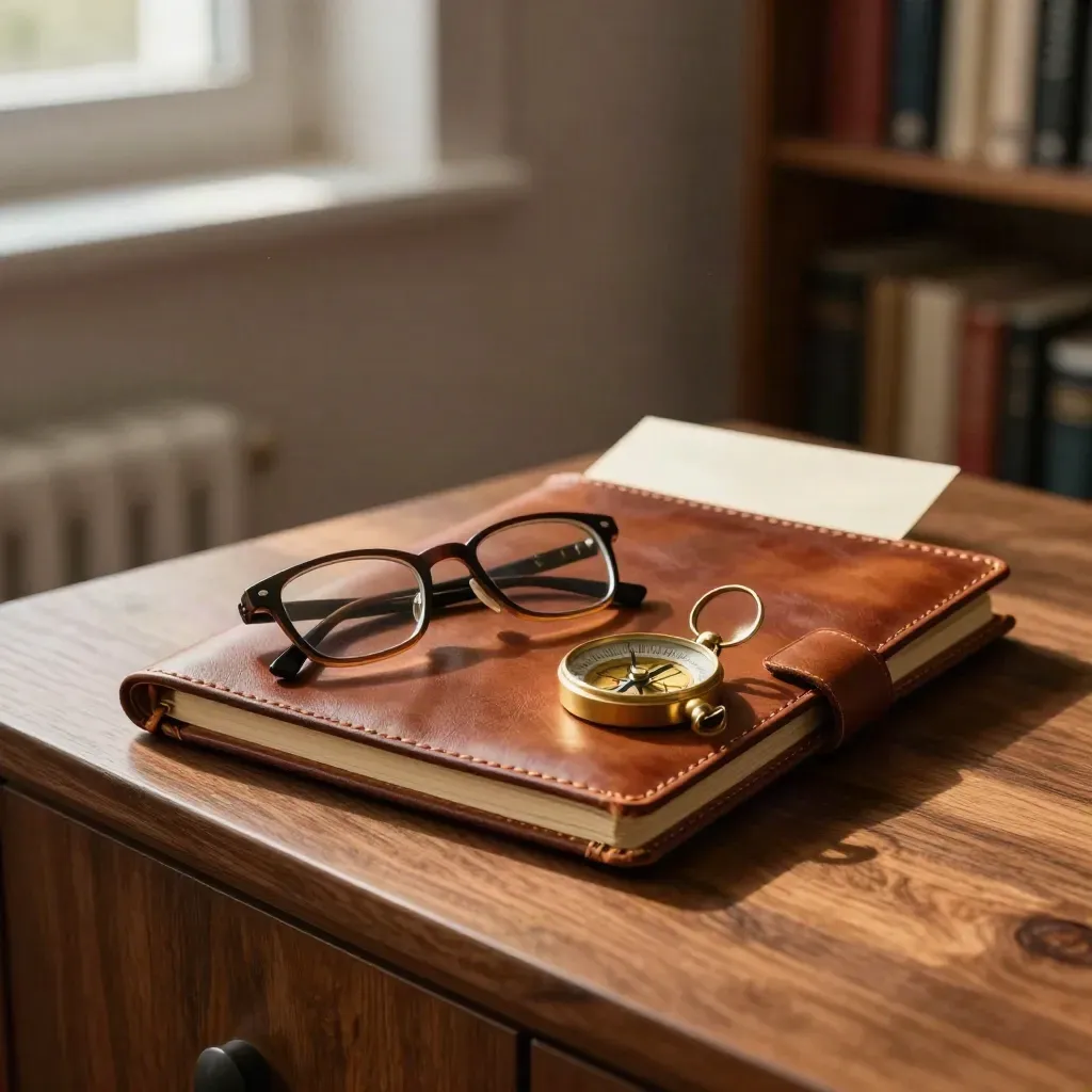 Warme werkhoek met leren portfolio, leesbril en messing kompas op walnoothout.