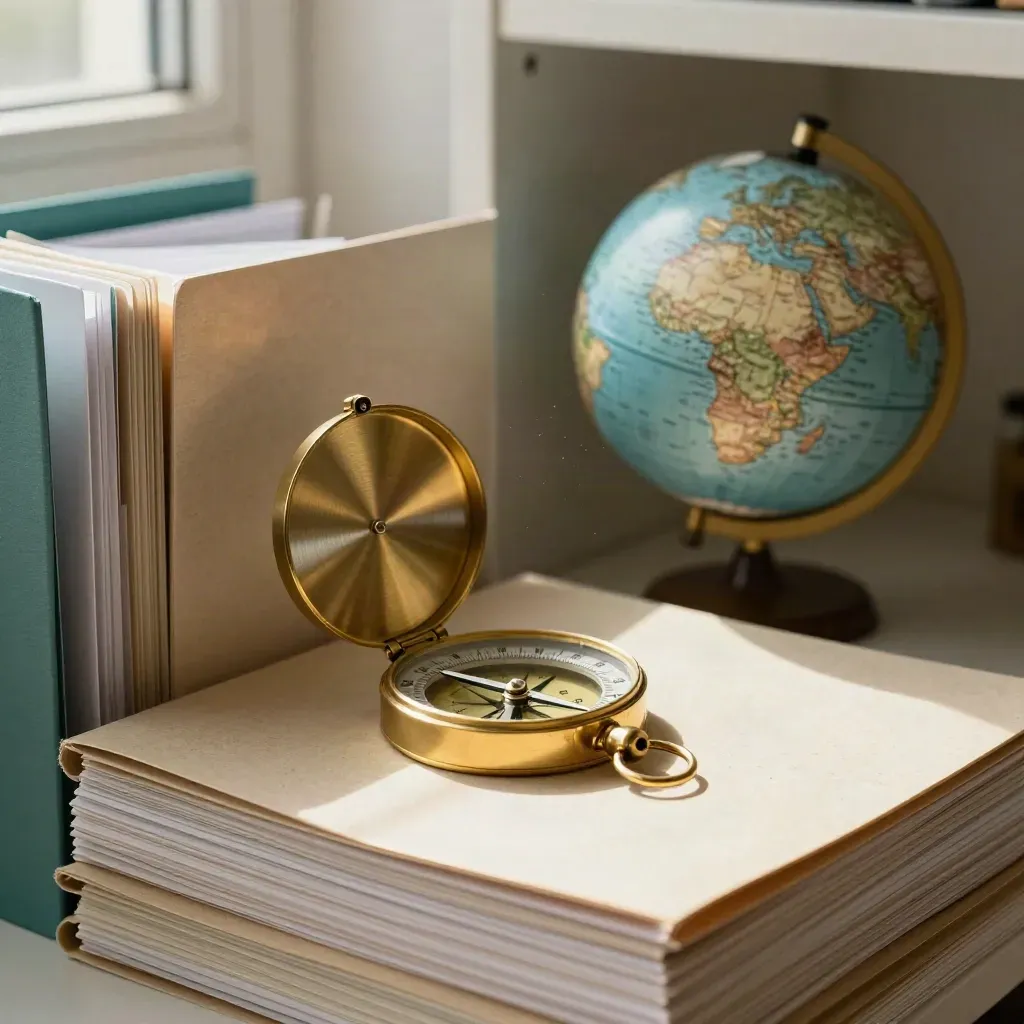 Macro van kleurcodemappen, een globe en een brass kompas op een travertijnen plank.