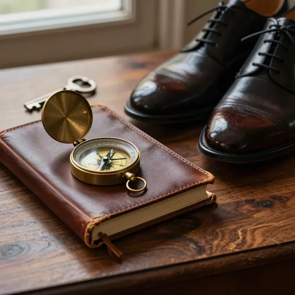 Antieke kompas, leren journal en gepoetste schoenen op donker hout in dramatisch licht.