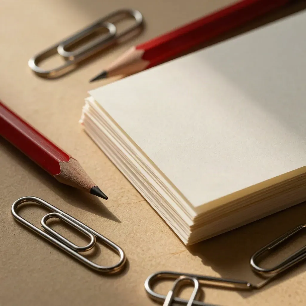 Close-up van paperclips, een rood correctiepotlood en een stap documenten met omgeslagen randen