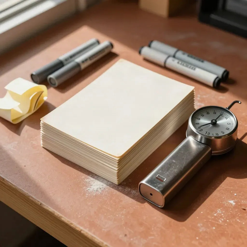 Bovenaanzicht van workshopkaarten, markerdoppen, tabjes en timer op terracotta klei.