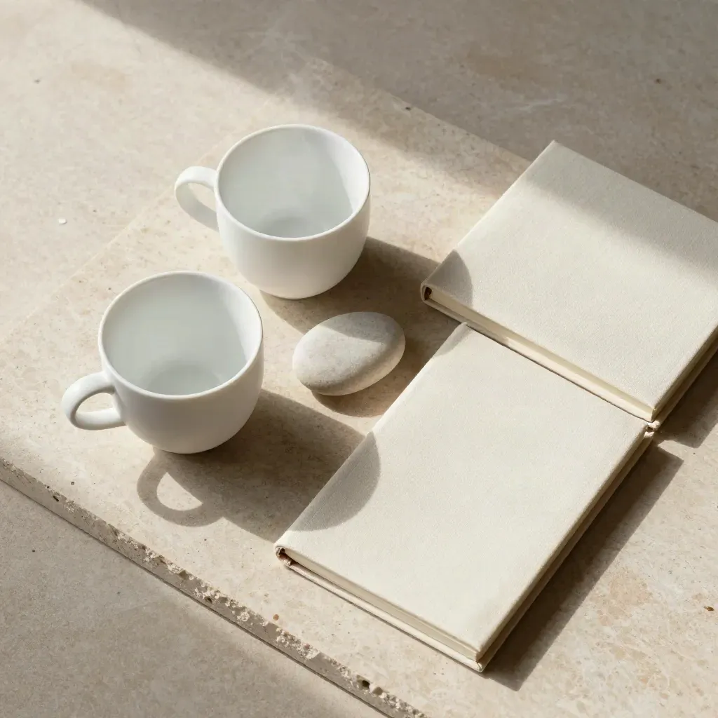 Van boven gefotografeerde setting met twee witte kopjes, een steen en een crème notebook.