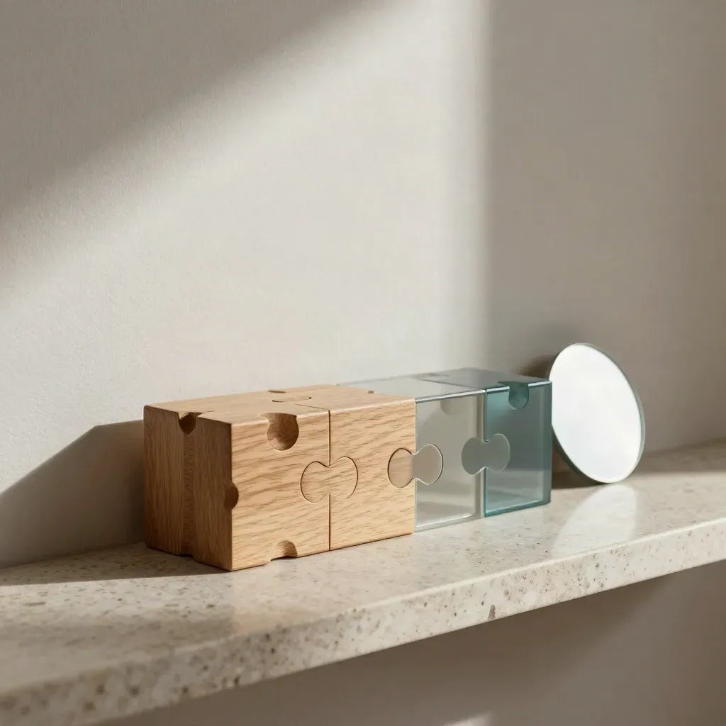 Houten puzzelblok, spiegeldisc en transparante tegels op stenen plank in zacht zijlicht.