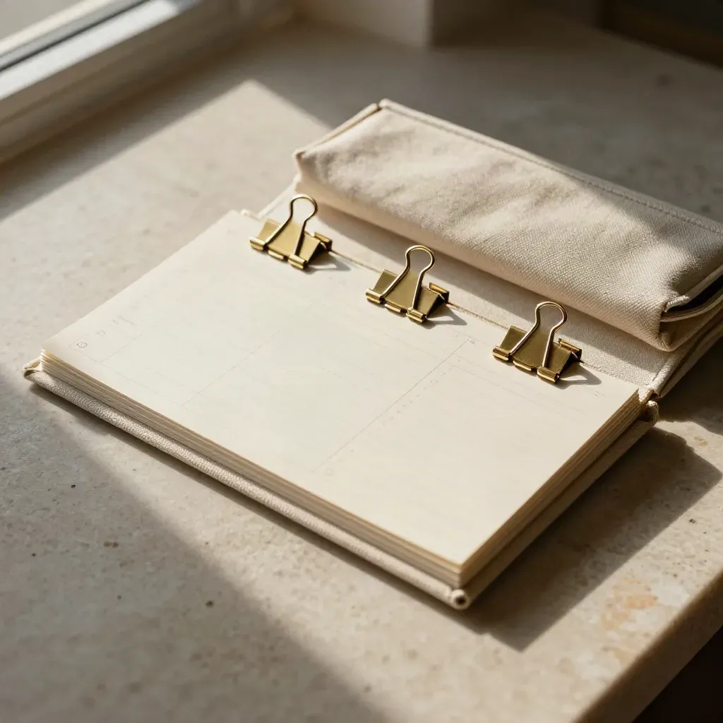 Strakke compositie van kaartjes, metalen klemmen en een gesloten etui op lichte steen.