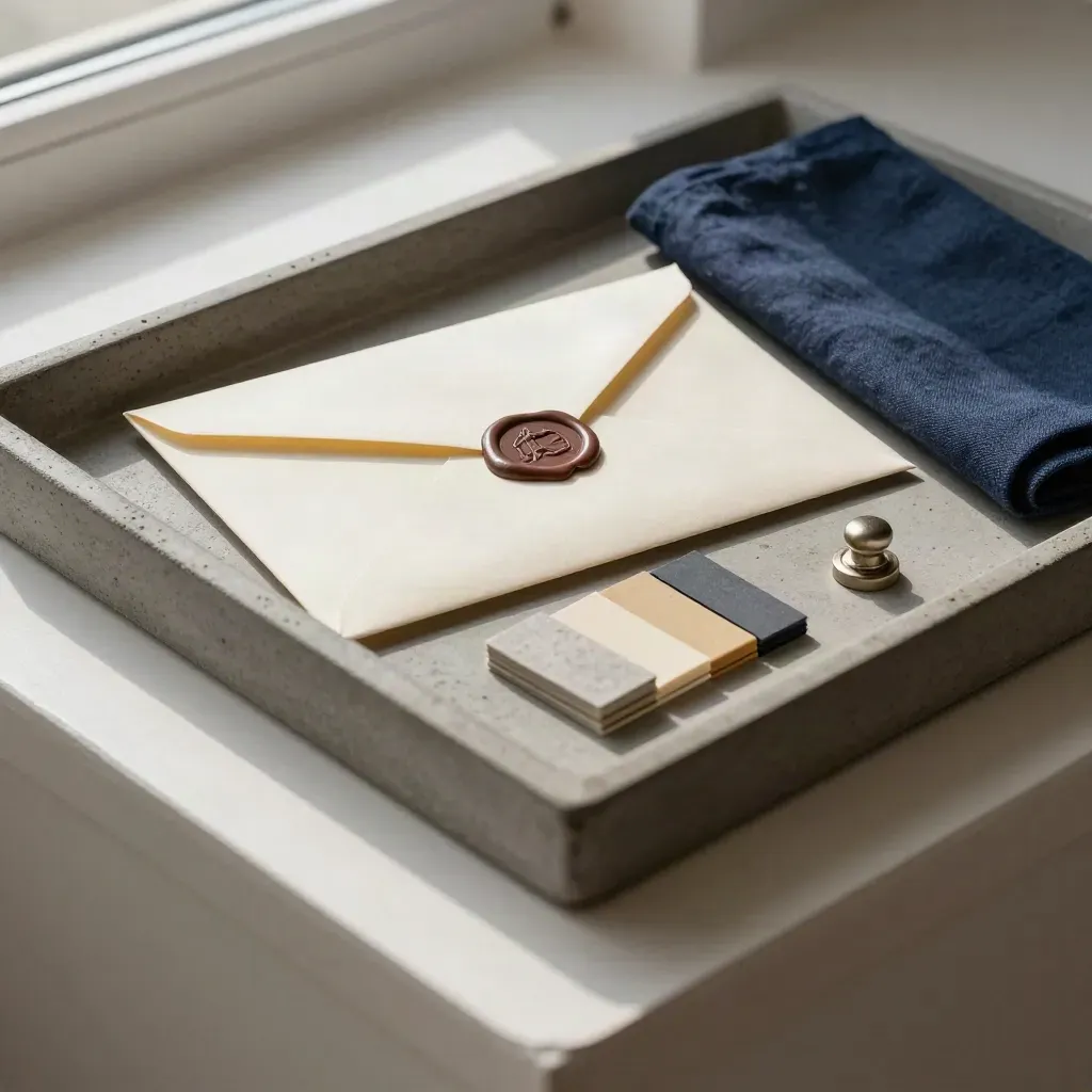 Tray met verzegelde envelop, sticky tabs en stempel op steen, in zacht licht.