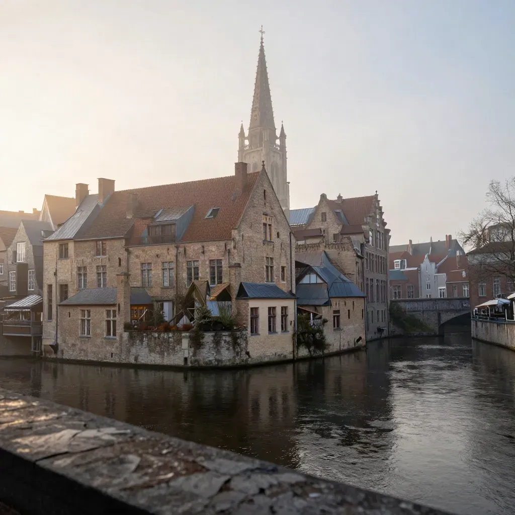 Mist boven Utrechtse grachtendaken met de Domtoren hoog in beeld, zacht ochtendlicht.