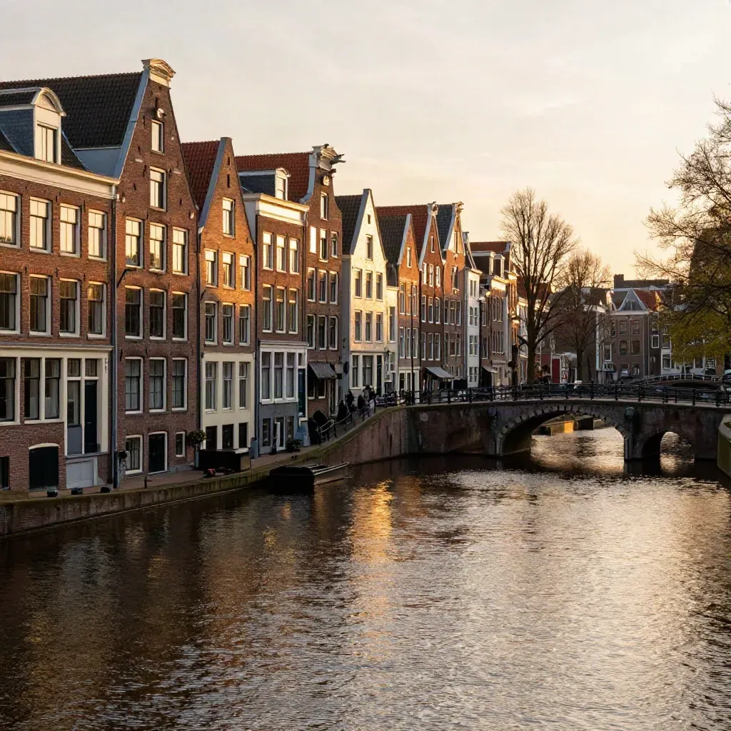 Amsterdamse gracht bij gouden uur met gabledaken, brugsilhouet en rustig water