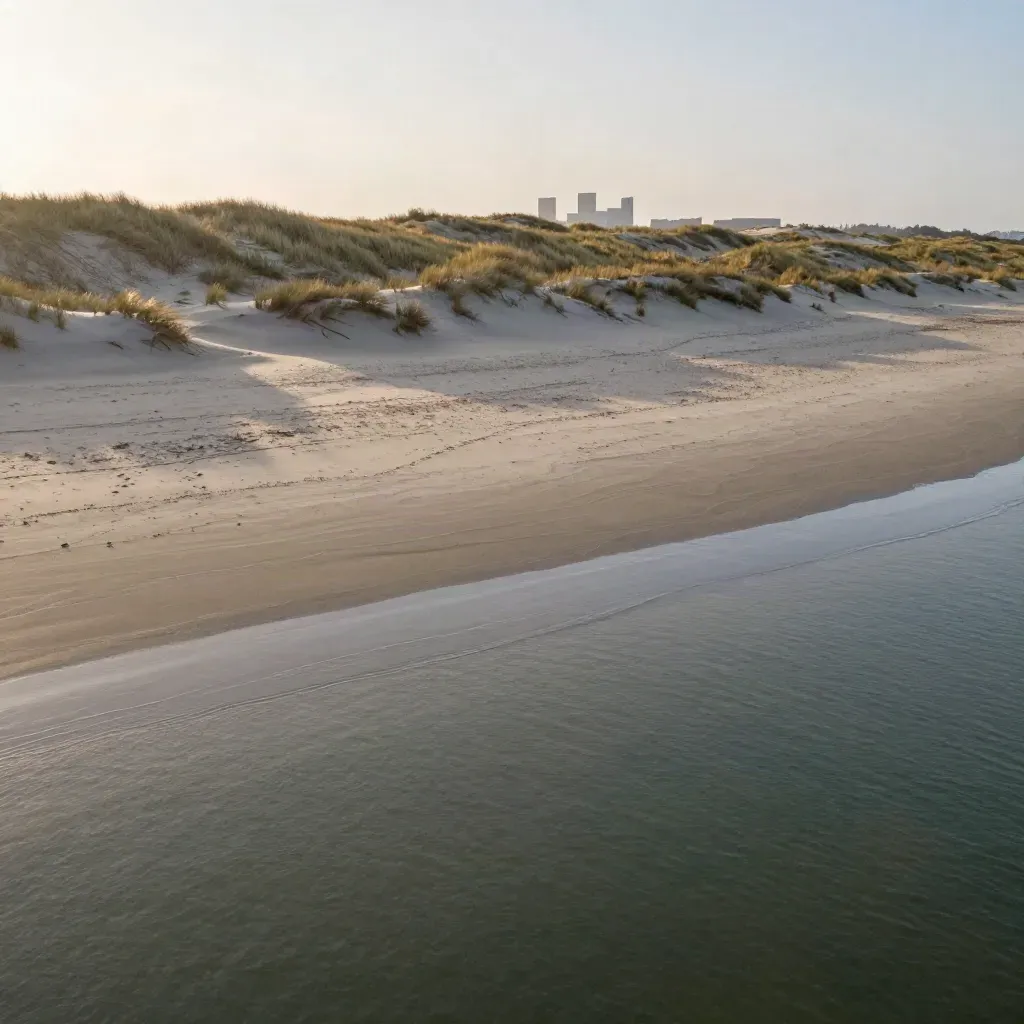 Duingebied bij Rotterdam en Den Haag met zee, horizon en zachte avondhaze.