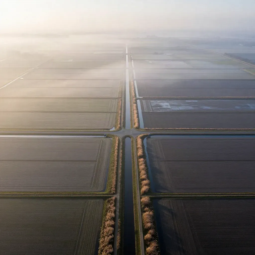 Luchtfoto van het Nederlandse polderland in ochtendmist met sloten en wegen als kaart.